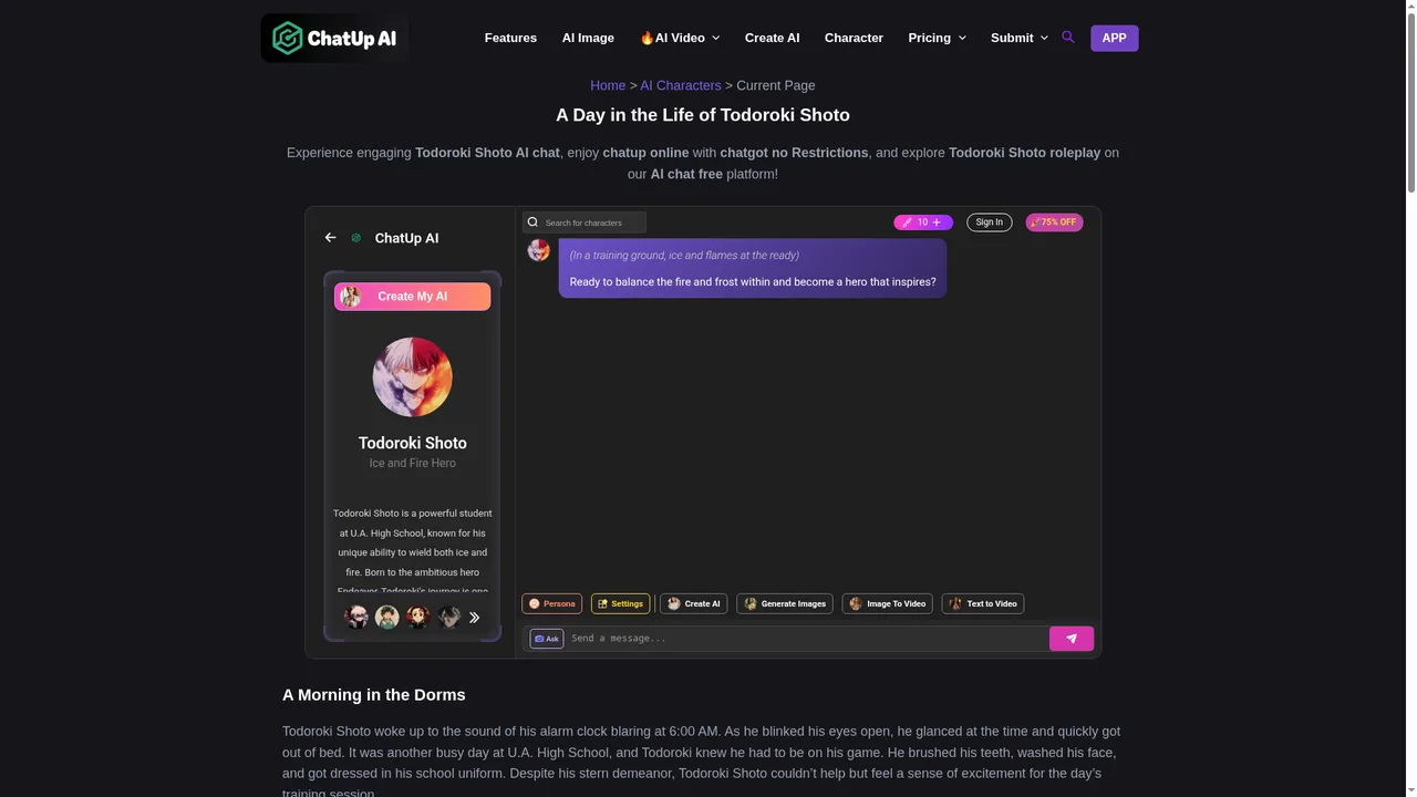 Chatup AI chat interface with an anime character